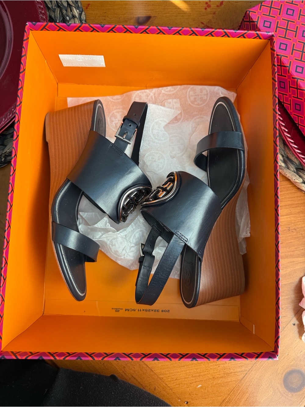 Tory Burch Black Leather Logo Platform Wedge Sandals Navy size 8 - $99 Paid 295